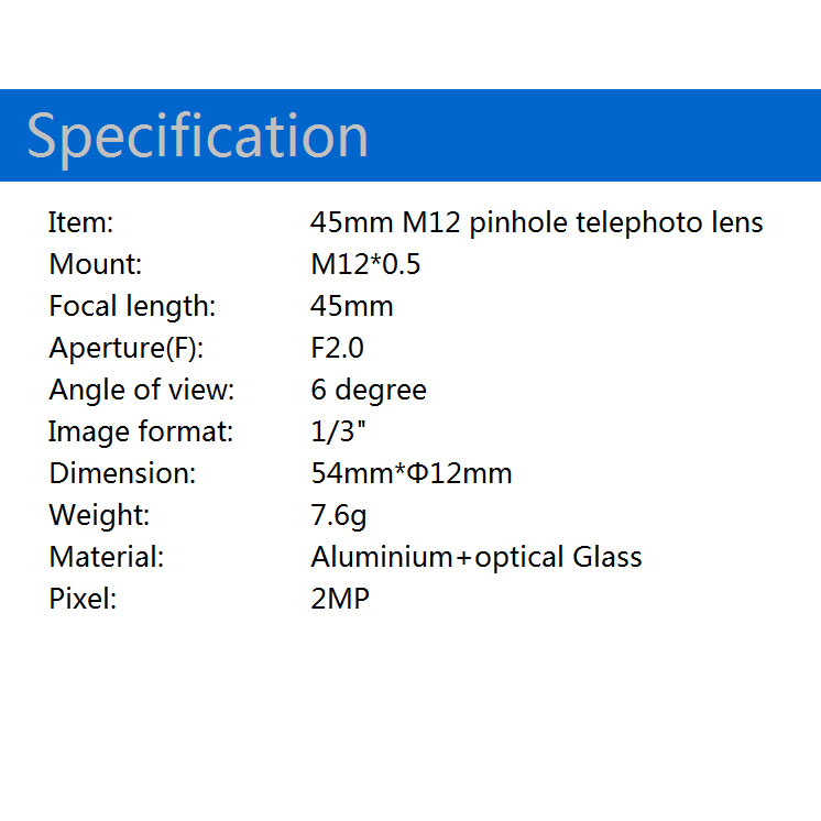 45mm长焦尖锥镜头 M12单板机CCD 彩色黑白摄像头通用倍镜放大镜头 特种镜头